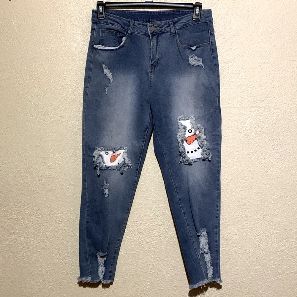 Jeans M Blue Stretchy Ripped Snowman Patches Ankle/Cropped Raw Hem High Rise